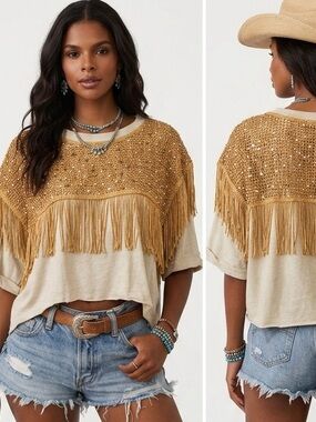Free People Midnight Rodeo Top Fringe Rhinestone Western Boho Tee Medium
